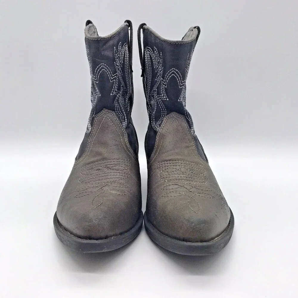 London Rebel Black Gray Embroidered Faux Leather Western Ankle Boots Women's 6M